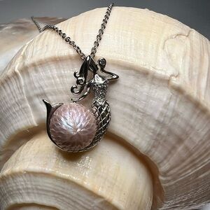 Unique Silver Mermaid with Carved Pearl Necklace
